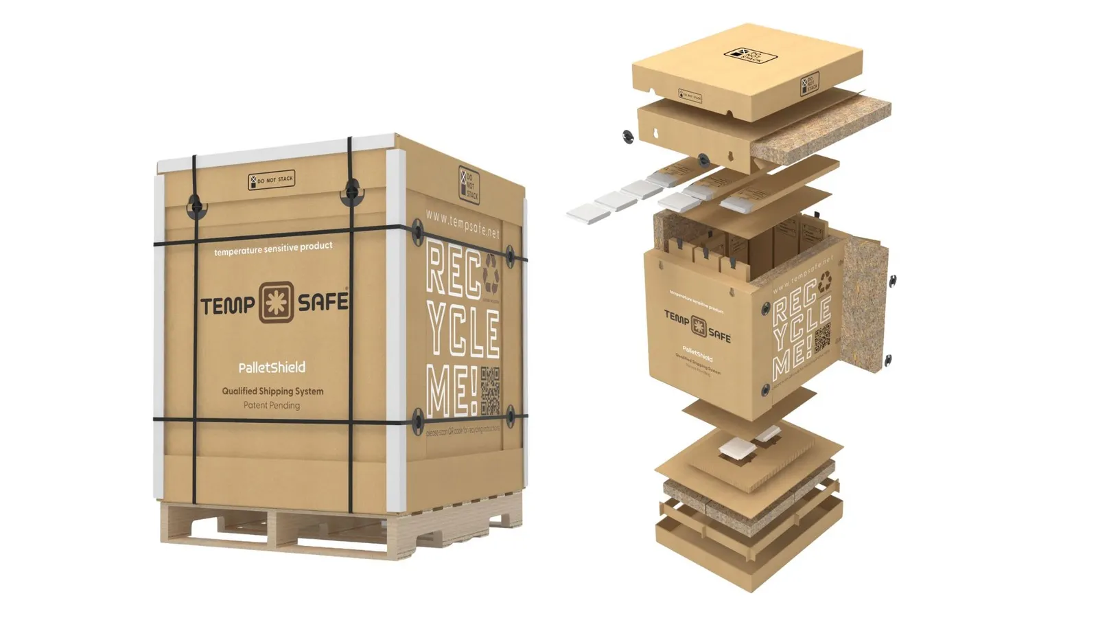 A box on a pallet with Veritiv branding on the outside, next to a rendering of the layers of cold-chain packaging inside the box.