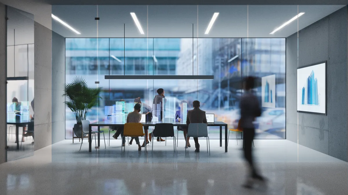 Group of people working in a modern board room with augmented reality interface, all objects in the scene are 3D.