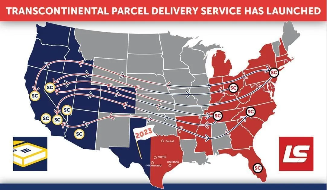 A map of the U.S. outlining LaserShip and OnTrac's shipping capabilities via their transcontinental parcel delivery service.