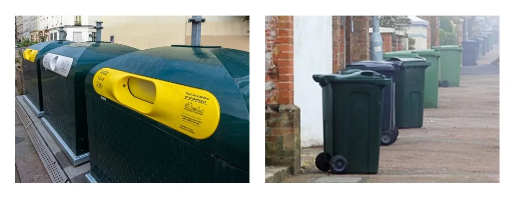 Two images: At left, three large bins with small openings sit together on a pedestal on a sidewalk. At right, wheeled bins line a residential street.