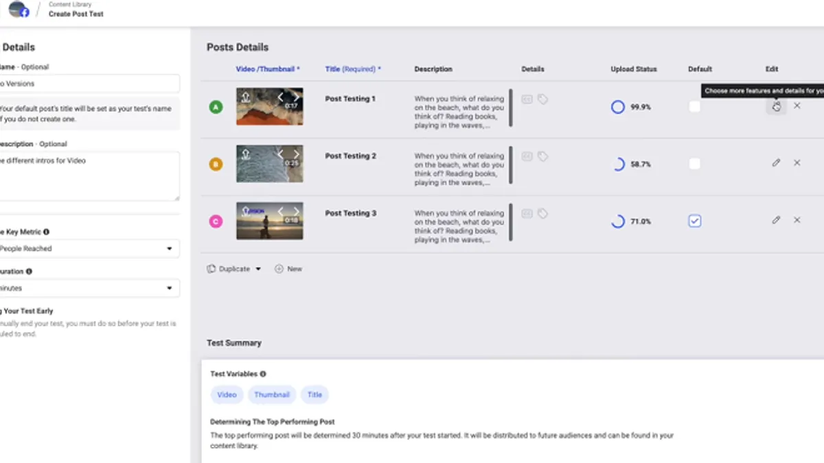 Facebook video post testing