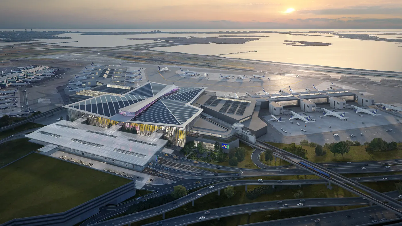 An aerial mockup of the New Terminal One at John F. Kennedy International Airport in New York City.