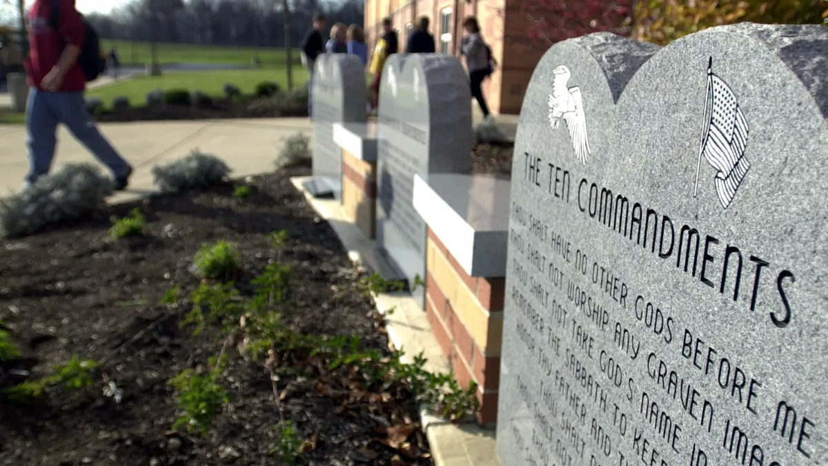 Ten Commandments display outside of a high school