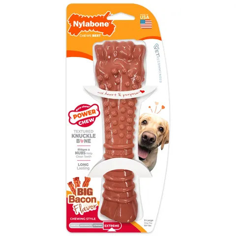 A package holding a dog chew with Nylabone branding on the front.