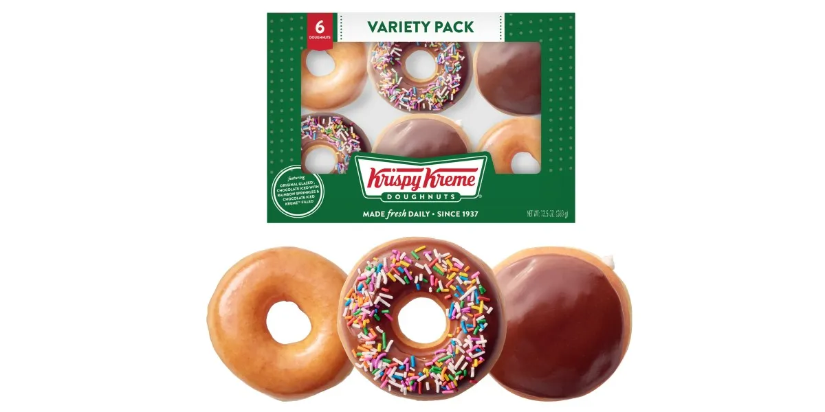 An image of three Krispy Kreme doughnuts and six in a box.