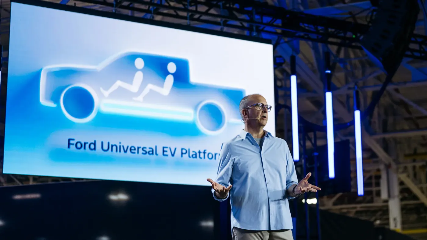 Doug Field, Ford's chief EV, digital and design officer, speaks at a presentation in August 2025 announcing the automaker's new Universal EV Platform.