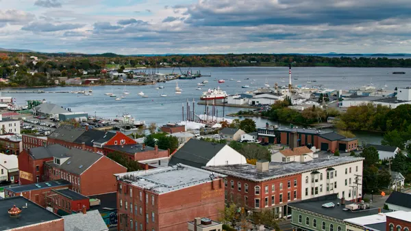 A drone photo of a coastal town in Maine
