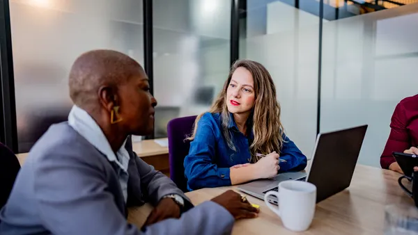 Mature businesswomen talking and using laptop in a business meeting at office