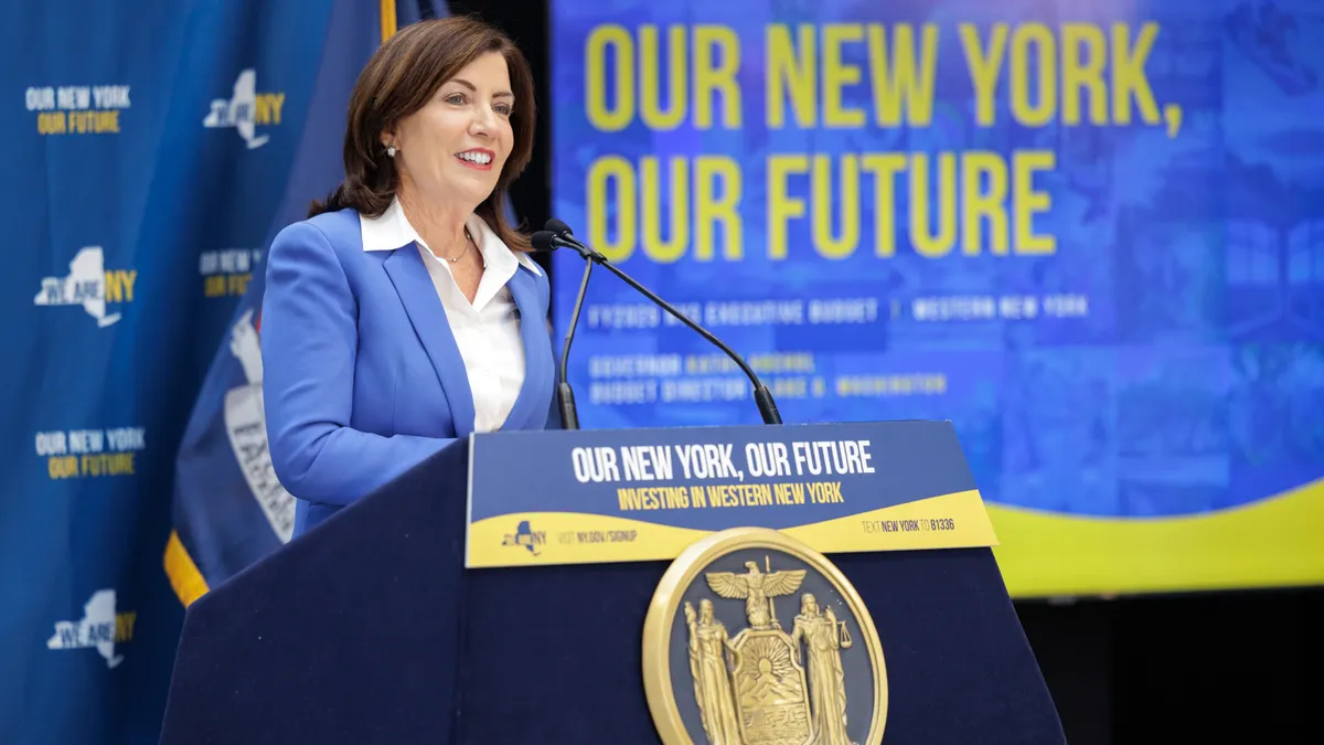 New York Gov. Kathy Hochul speaking about the state's economic development announcements at a press conference on Jan. 26.