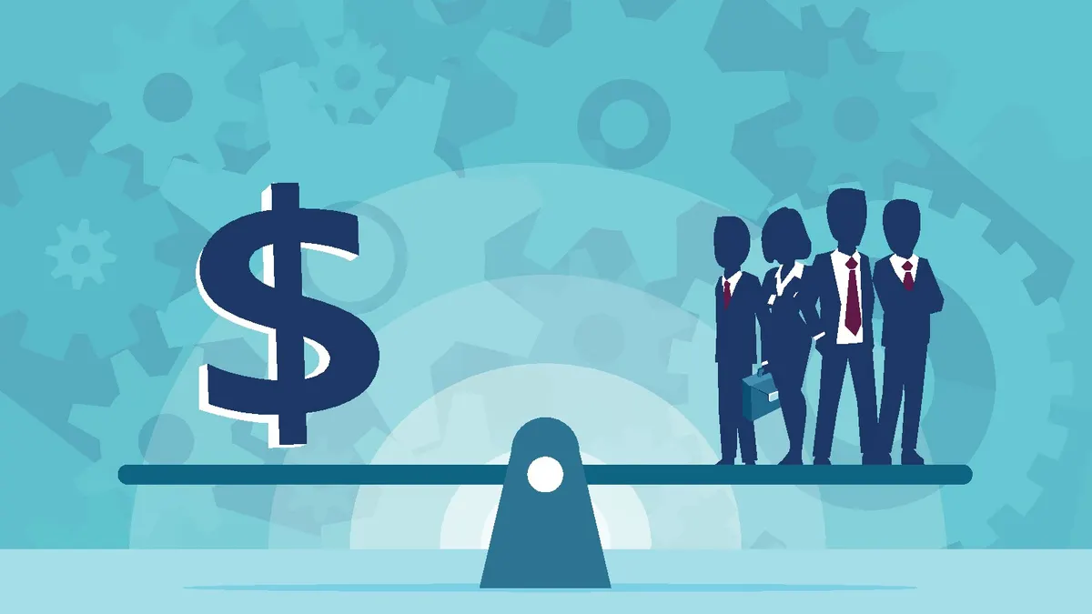 Vector of group of businesspeople human resources or money on the scale. Business concept