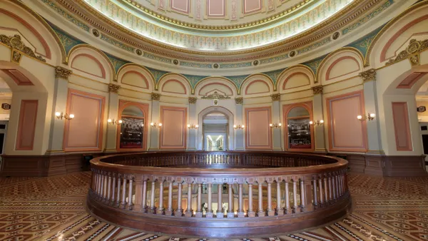 The Capitol's second-floor Rotunda is a geometric mosaic of earth-toned shapes, creating a "marquetry" effect similar to the inlaid woodwork in Renaissance Revival furniture.