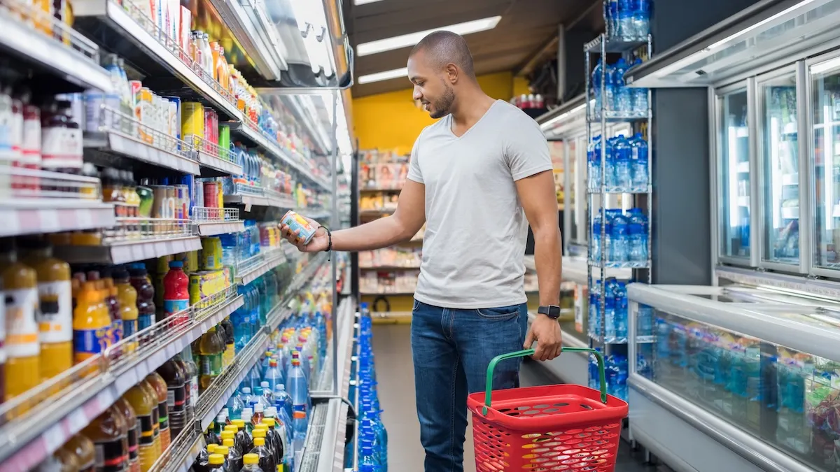 Consumer in a store reading the label of product.
