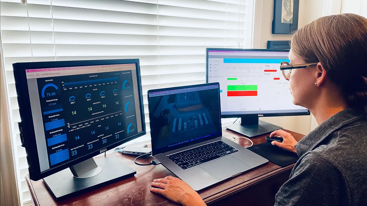 woman working at desk with multiple monitors