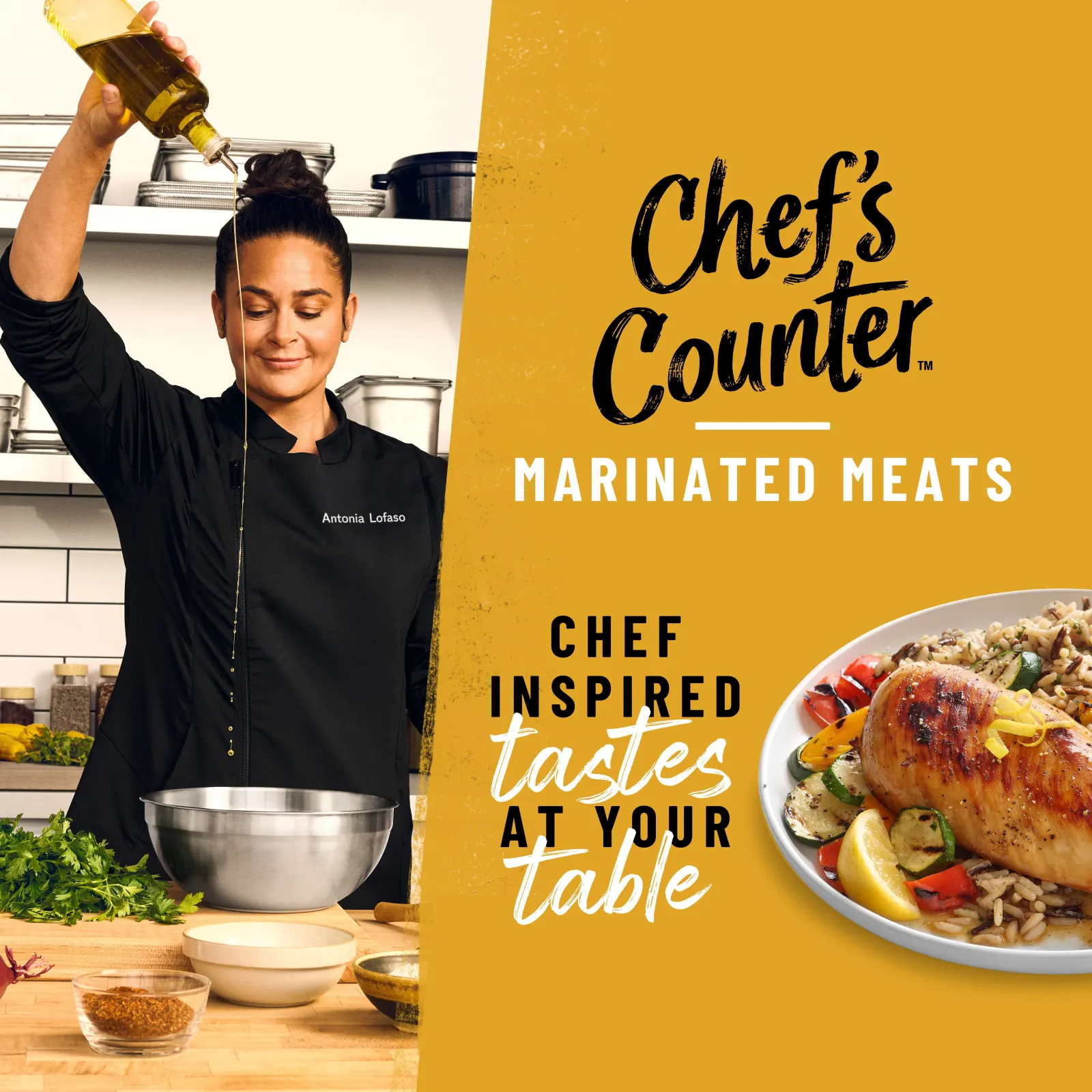 The words "Chef's Counter marinated meats: Chef inspired tastes at your table" on a yellow background to the right of a person pouring sauce into a bowl.