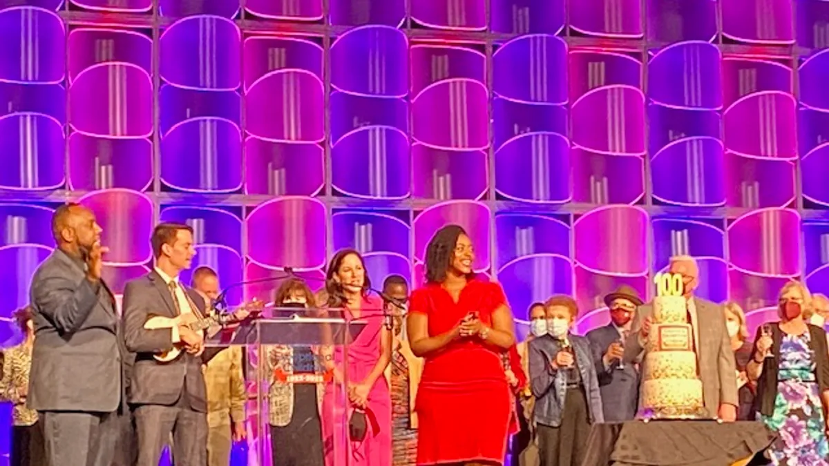 The Council for Exceptional Children's current leaders and past presidents gather on stage in Orlando, Florida during its convention to celebrate the organization's 100th anniversary on Jan. 16, 2022.