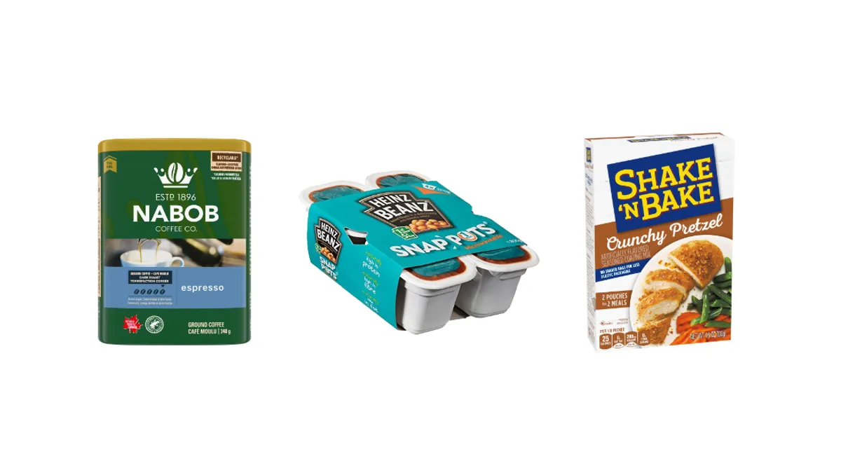 Kraft Heinz products lined up: Shake 'N Bake seasoned coating mix, Heinz Beans Snap Pots, and NABOB coffee.