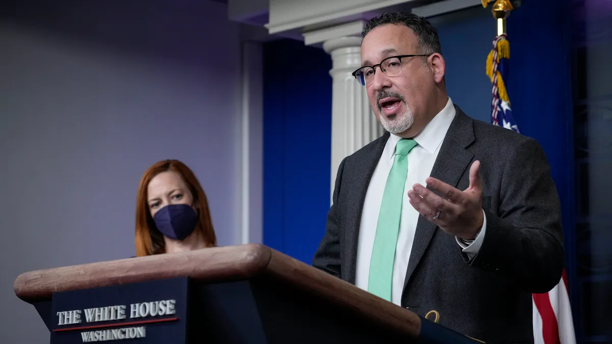 Secretary of Education Miguel Cardona speaks during the daily press briefing at the White House on March 17, 2021 in Washington, DC.