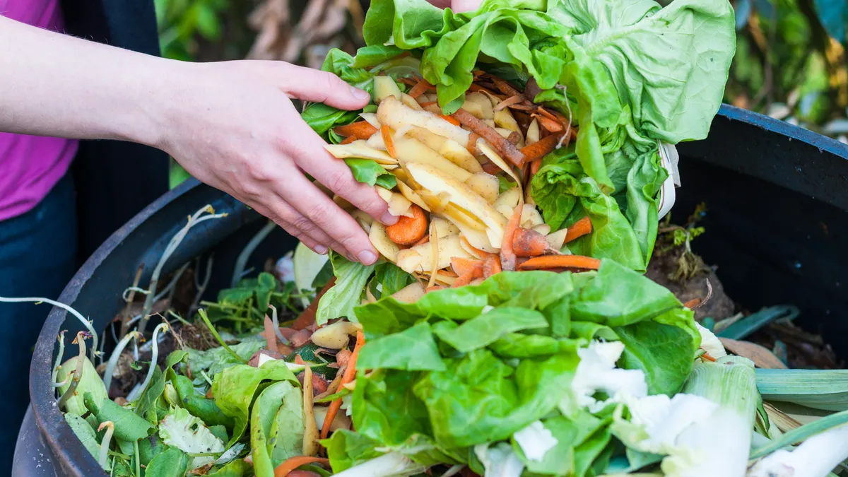 A person scrapes kitchen waste into a bin.