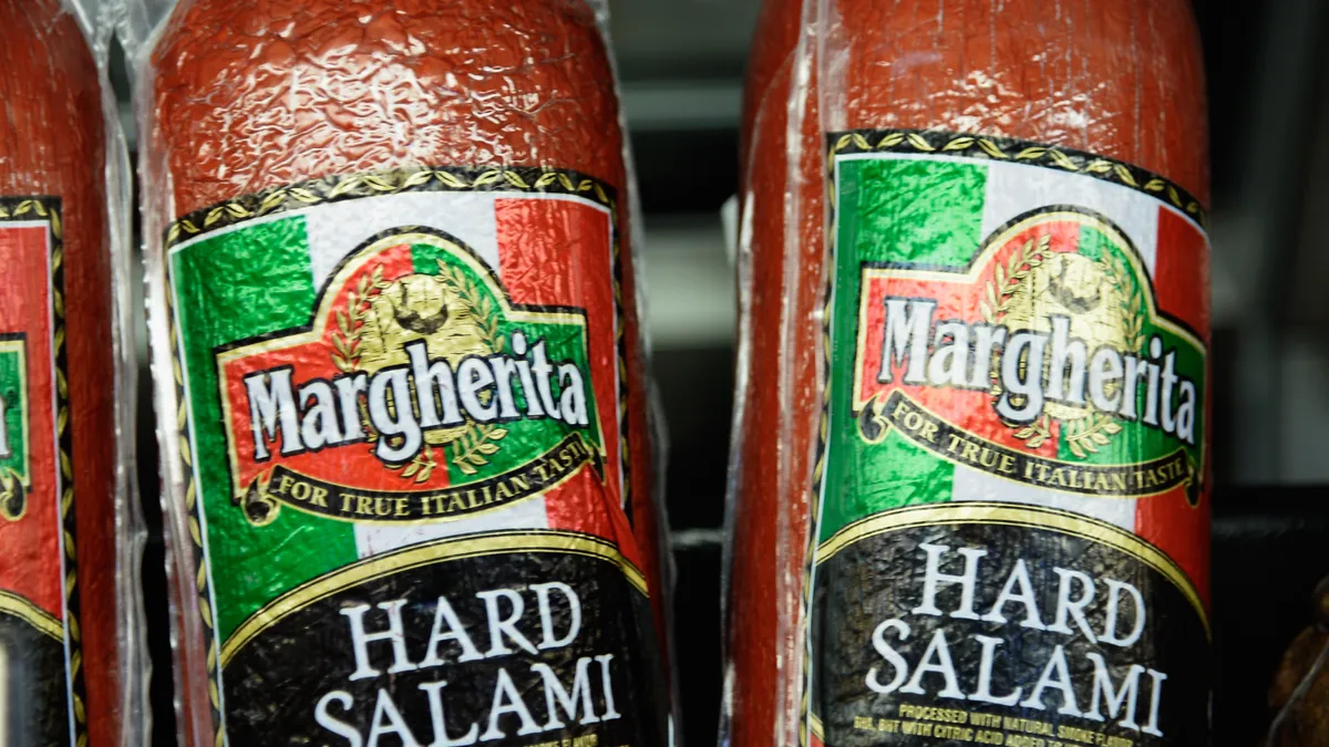 Margherita hard salami is on sale at a supermarket.