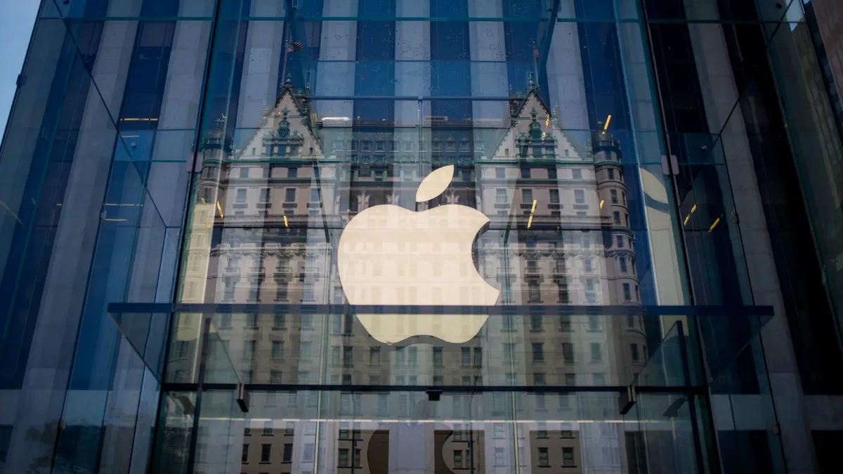 The Apple logo at the Fifth Avenue New York City Apple store.