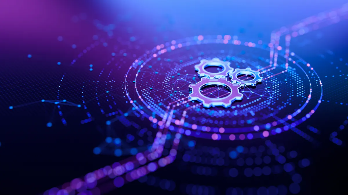 three gears surrounded by a circle on a blue surface