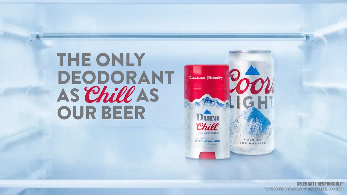 A stick of Dura Chill branded deodorant sits next to a can of Coors Light beer, both of which feature similar packaging images with mountains.