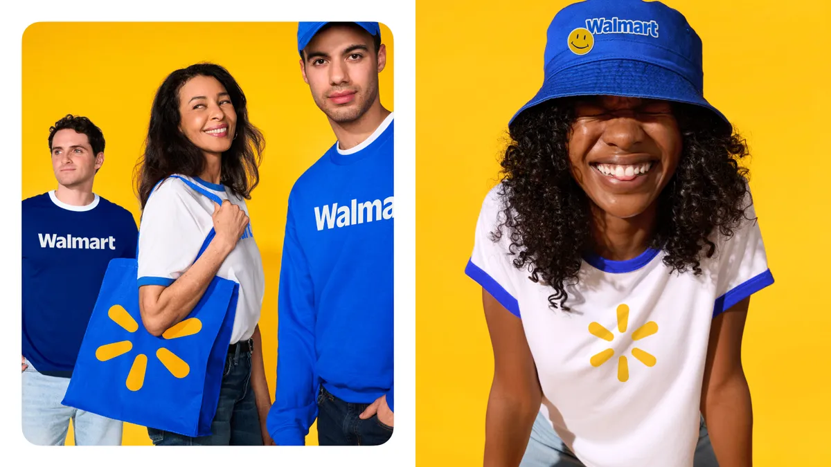 A diptych shows a trio of people sporting Walmart gear next to a photo of an individual wearing a Walmart bucket hat and T-shirt