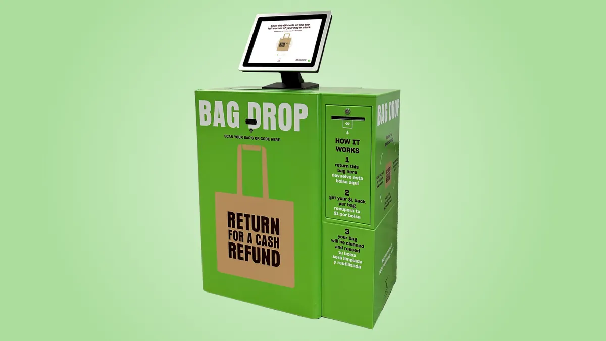 A kiosk that accepts reusable shopping bag returns.