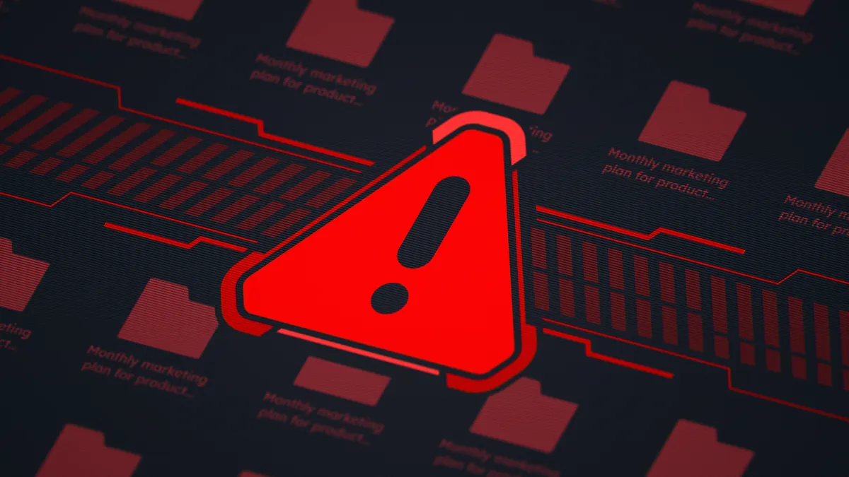 A glowing red exclamation mark warning triangle over compromised corporate folders