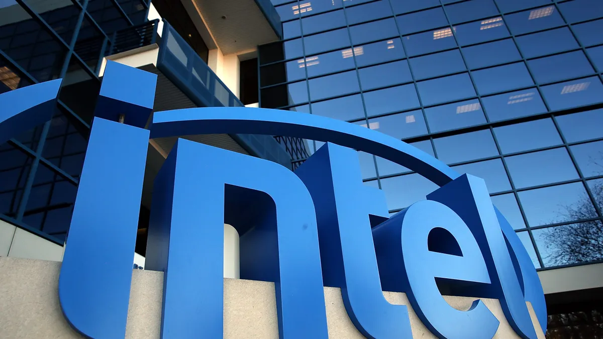 Intel logo installation outside of an office bulding.