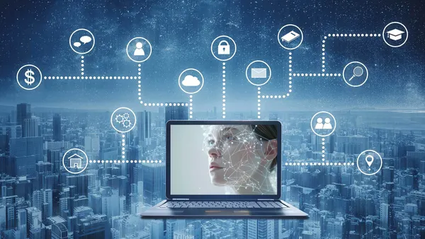 Computer with wireless programming and social media icons.