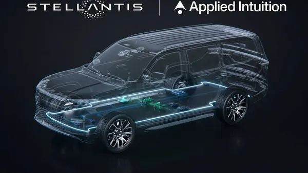 A graphic of a Stellantis SUV showing normally hidden electrical components with the corporate logos of Stellantis and Applied Intuition above.