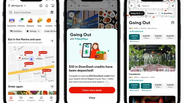 An image of three smartphones with DoorDash app images seen