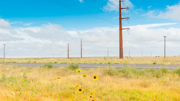 Electric transmission lines run across a field of golden grass.