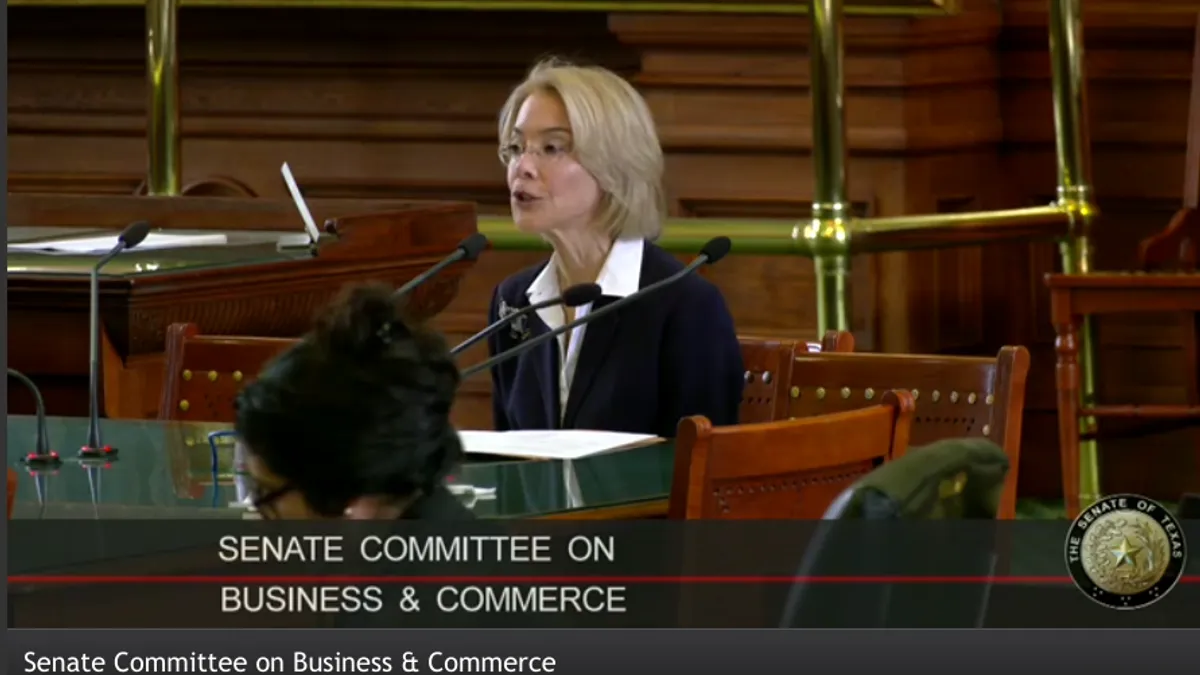 Rebecca Klein, former chairman of the Public Utility Commission of Texas, testifies before the Texas Senate Committee on Business & Commerce.