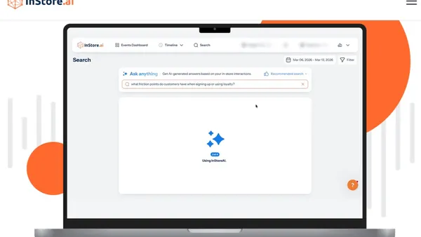 A screenshot from InStore.ai's website showing the image of a laptop. The screen says "Ask anything. Get AI-generated answers based on your in-store interactions." and someone has typed in the search bar "what friction points to customers have when signing up or using loyalty?"