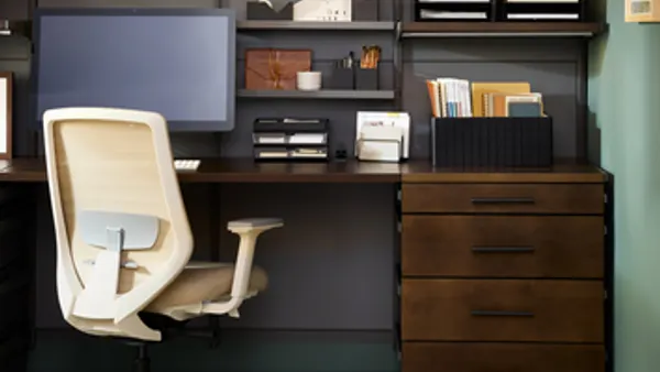 The Container Store's Decor+ by Elfa Office Space in Stained Birch.