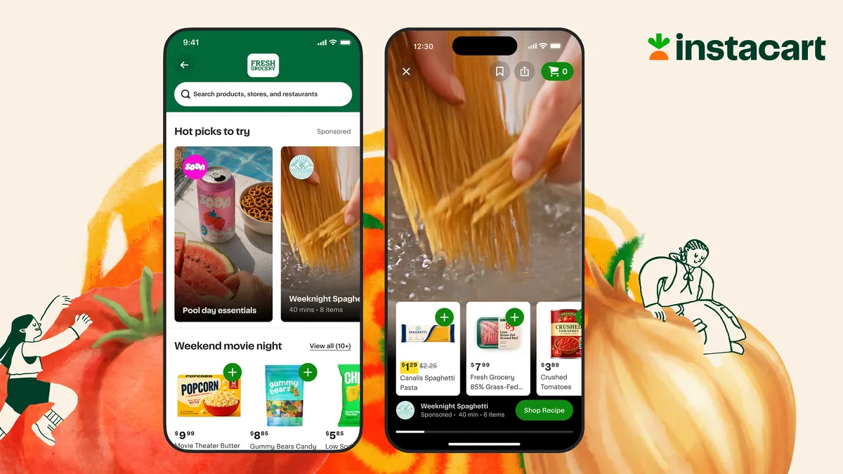 A graphic displays two smartphones showcasing Instacart's new in-app Immersive Feed for vertical video