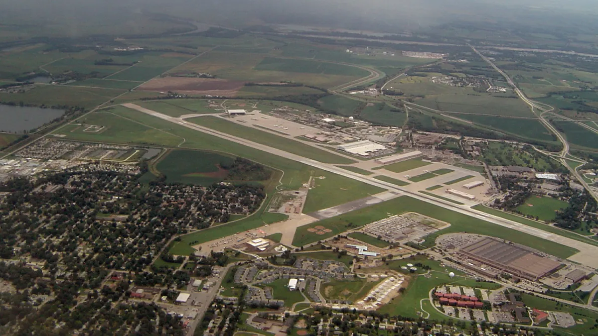 A drone shot shows Offutt Air Force Base in Omaha, Nebrasaka.