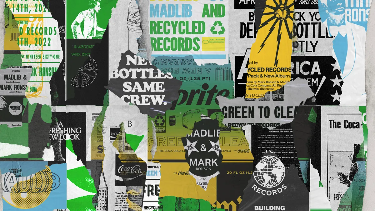 A hero image promoting Coca-Cola's new campaign "Recycled Records" in collaboration with Mark Ronson and Madlib