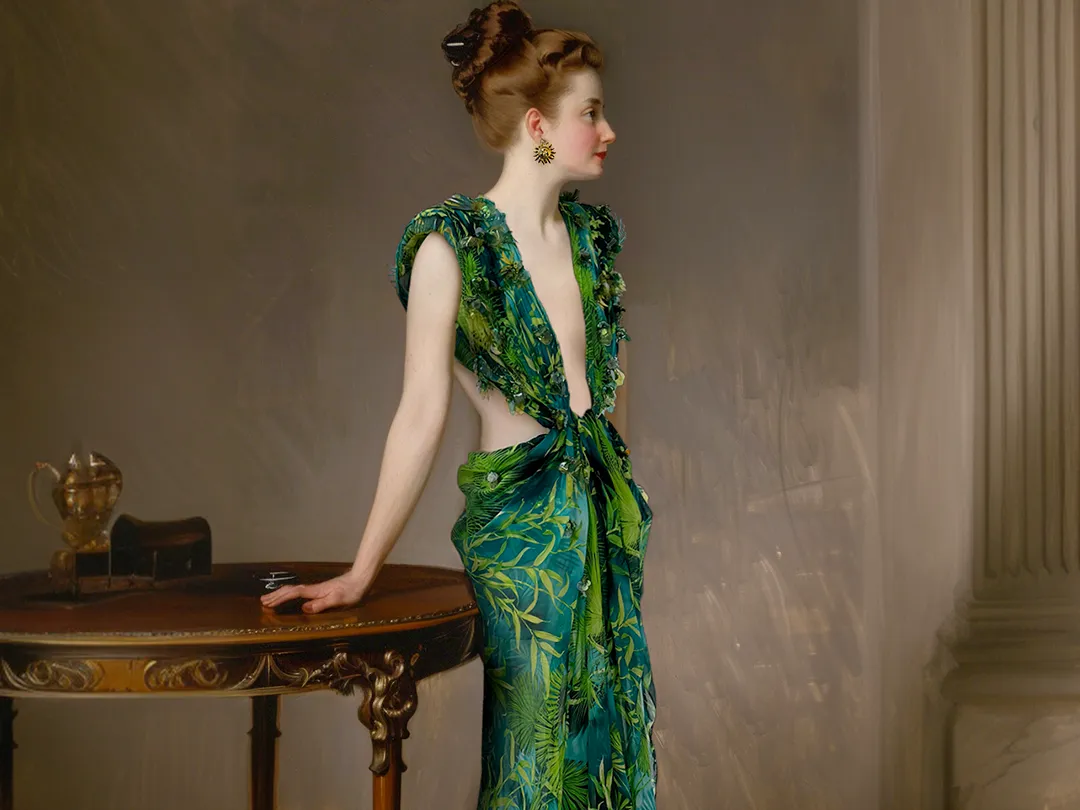 A painting of John Singer Sargent’s Madame X wearing a lowcut green Versace dress.