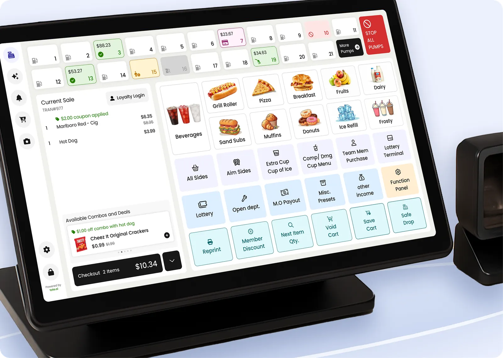 A screenshot of a point of sale system being shown on a tablet-style monitor. There are buttons for things such as grill roller, pizza, breakfast and beverages.