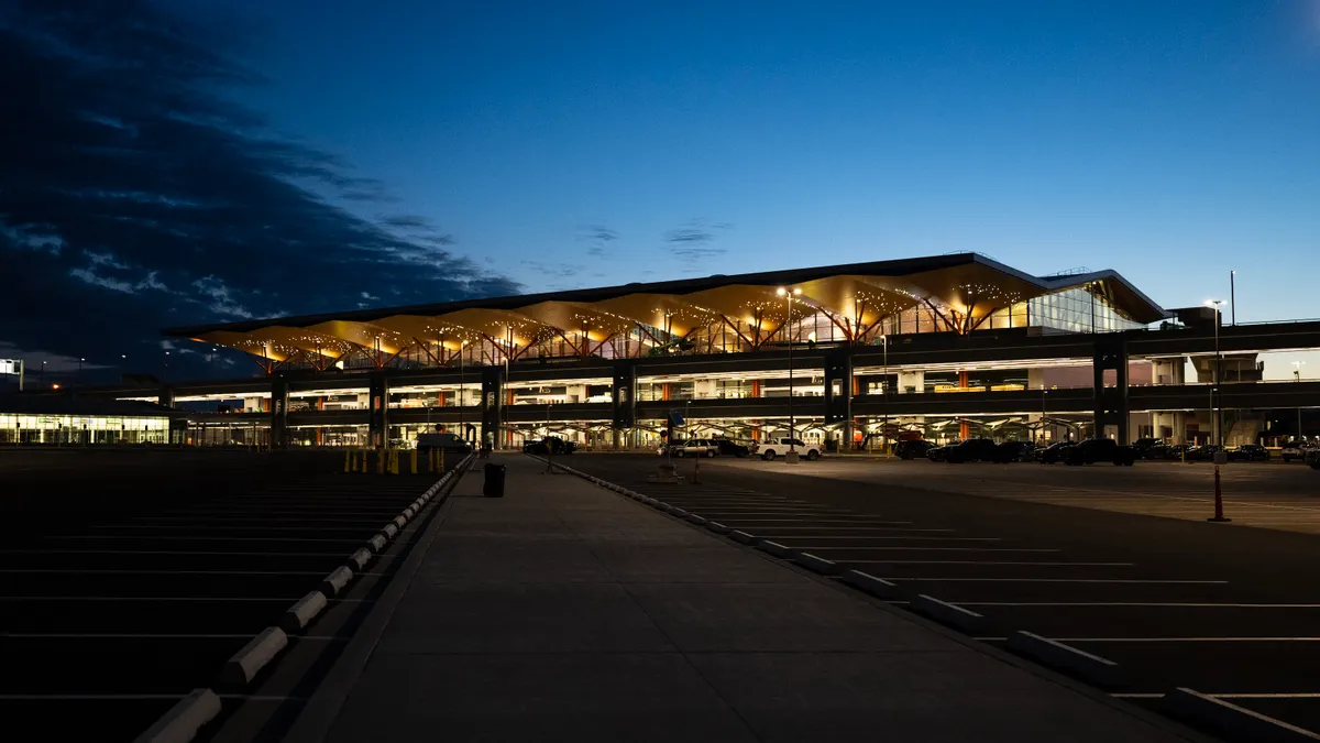 Nighttime view of the new terminal at the Pittsburgh International Airport