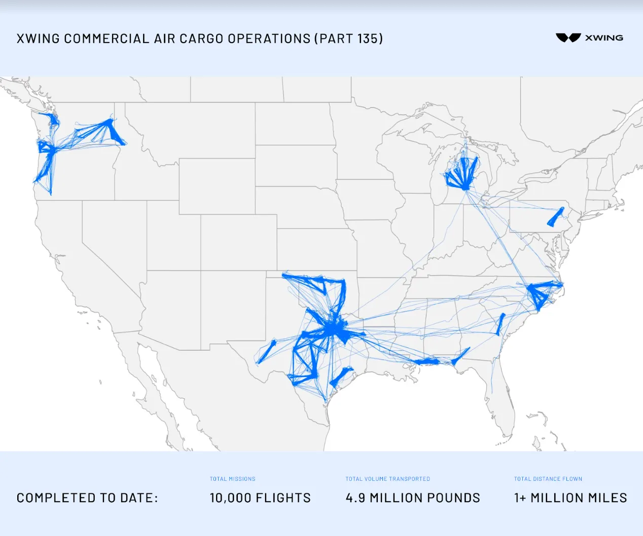 A map shows Xwing's commercial cargo activity in the U.S. as of July 28.