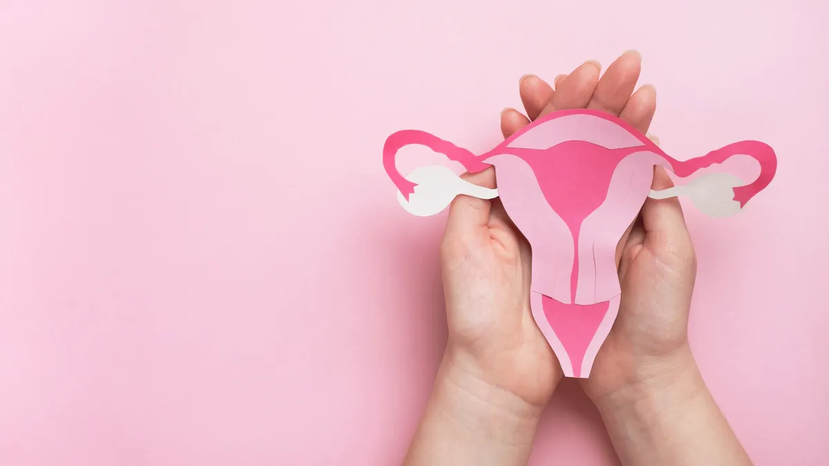 Woman hands holding decorative model uterus on pink background. Top view