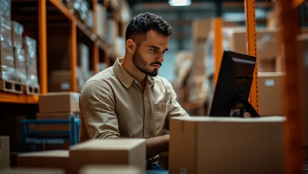 person working on laptop in warehouse