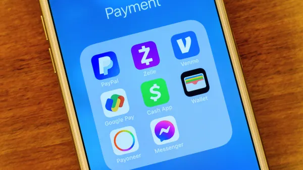 A smartphone screen displaying the logos of various peer-to-peer payment apps, including PayPal, Zelle, Venmo, Google Pay, Cash App, Apple Wallet, Payoneer, and Facebook Messenger.
