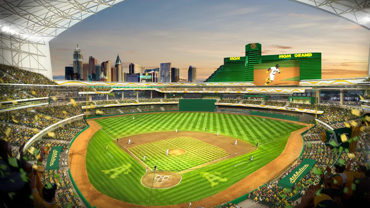 A rendering of a bright ballpark overlooking the Las Vegas Strip.