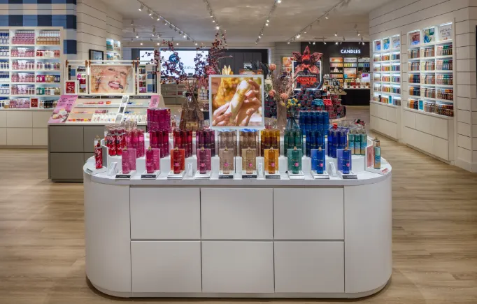 Products within Bath & Body Works' new Gingham+ store design.