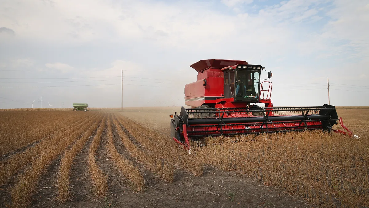 A red tractor is seen harvesting soybeans on a field